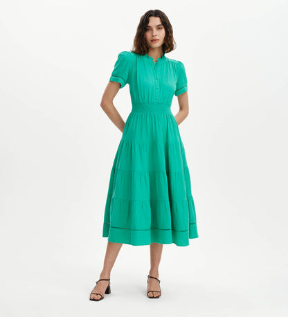 Natalia Green Cotton Gauze Tiered Midi Dress