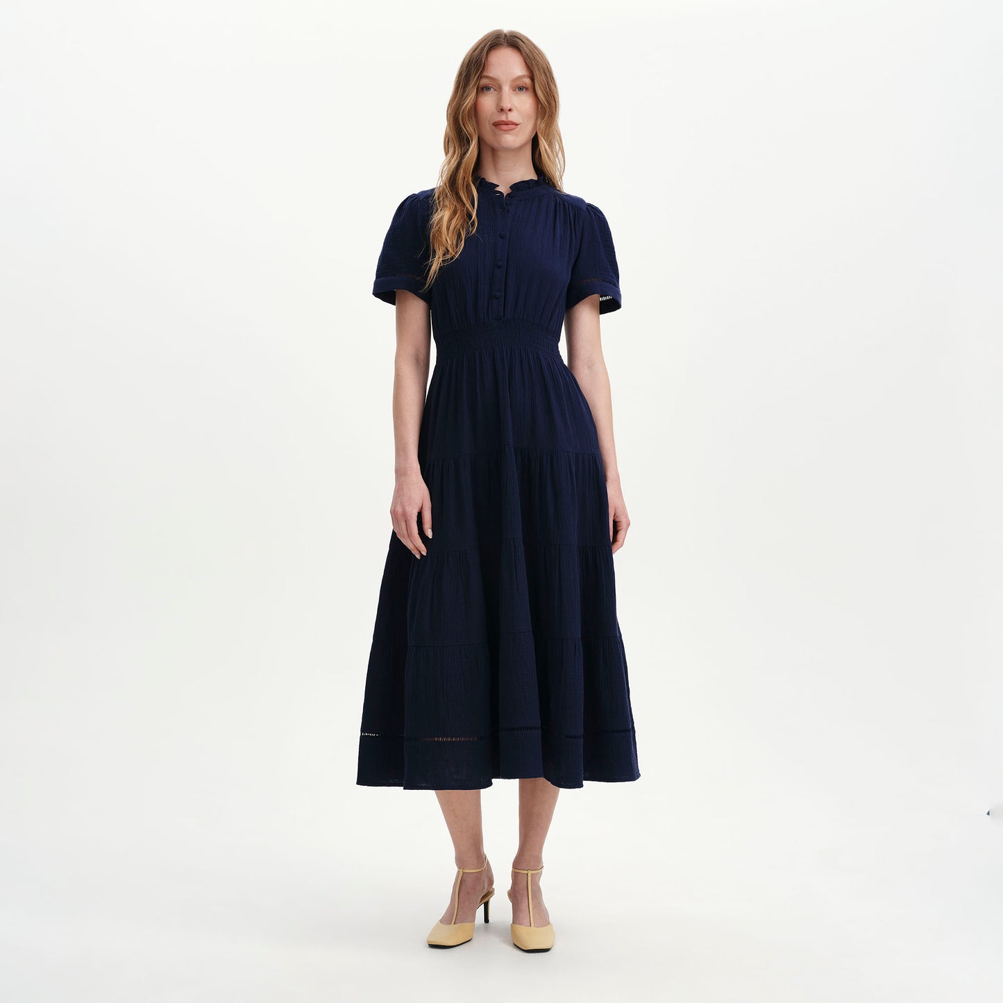 Natalia Navy Cotton Gauze Tiered Midi Dress