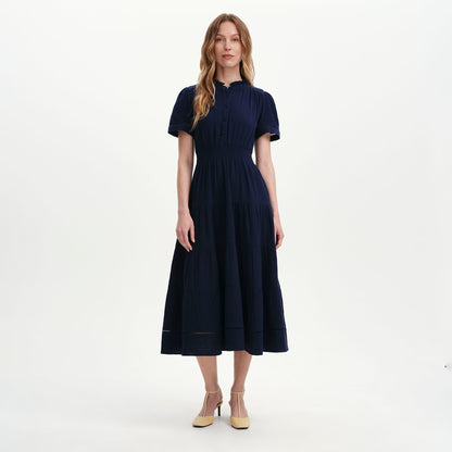 Natalia Navy Cotton Gauze Tiered Midi Dress