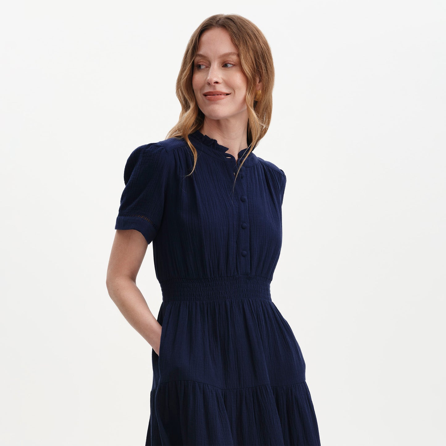 Natalia Navy Cotton Gauze Tiered Midi Dress