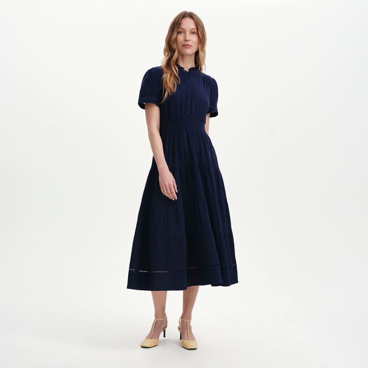Natalia Navy Cotton Gauze Tiered Midi Dress