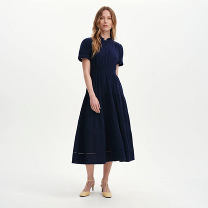 Natalia Navy Cotton Gauze Tiered Midi Dress