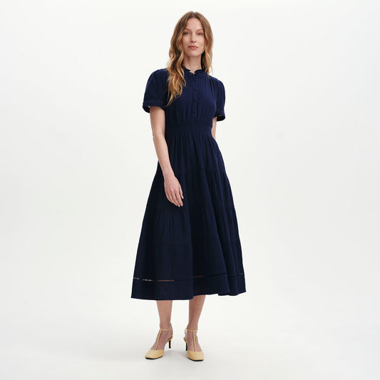 Natalia Navy Cotton Gauze Tiered Midi Dress