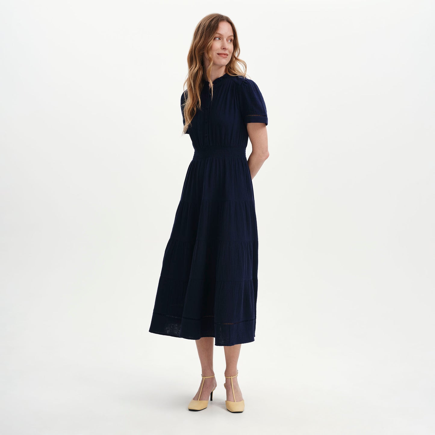 Natalia Navy Cotton Gauze Tiered Midi Dress