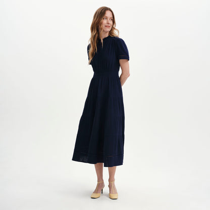 Natalia Navy Cotton Gauze Tiered Midi Dress