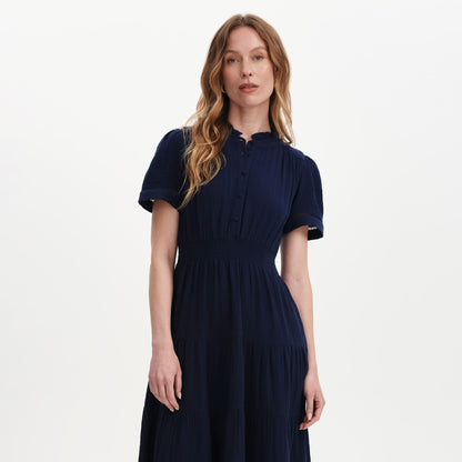 Natalia Navy Cotton Gauze Tiered Midi Dress