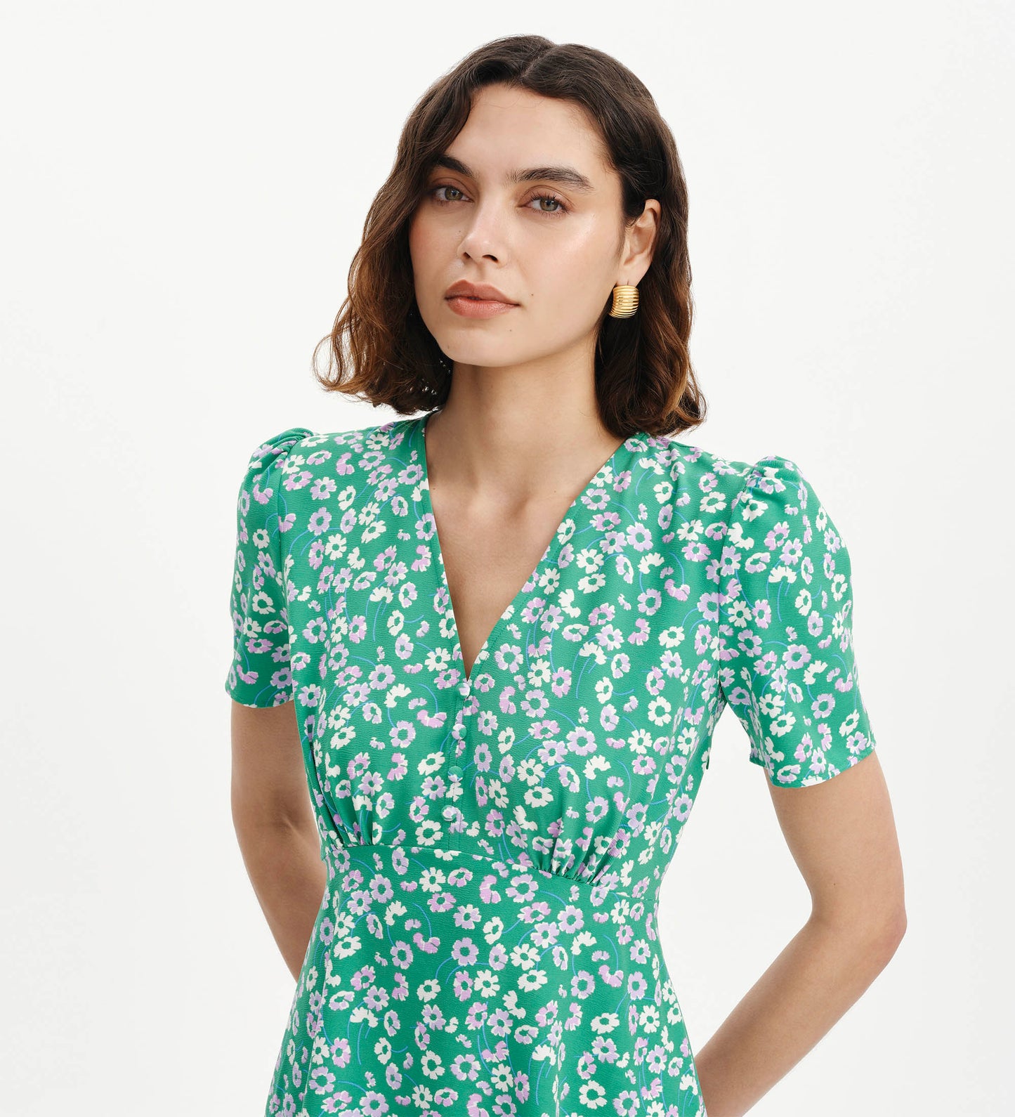 Nieve Green Daisy Empire Waist V-Neck Midi Dress