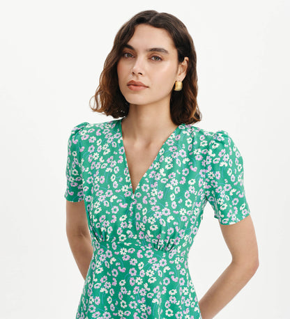Nieve Green Daisy Empire Waist V-Neck Midi Dress