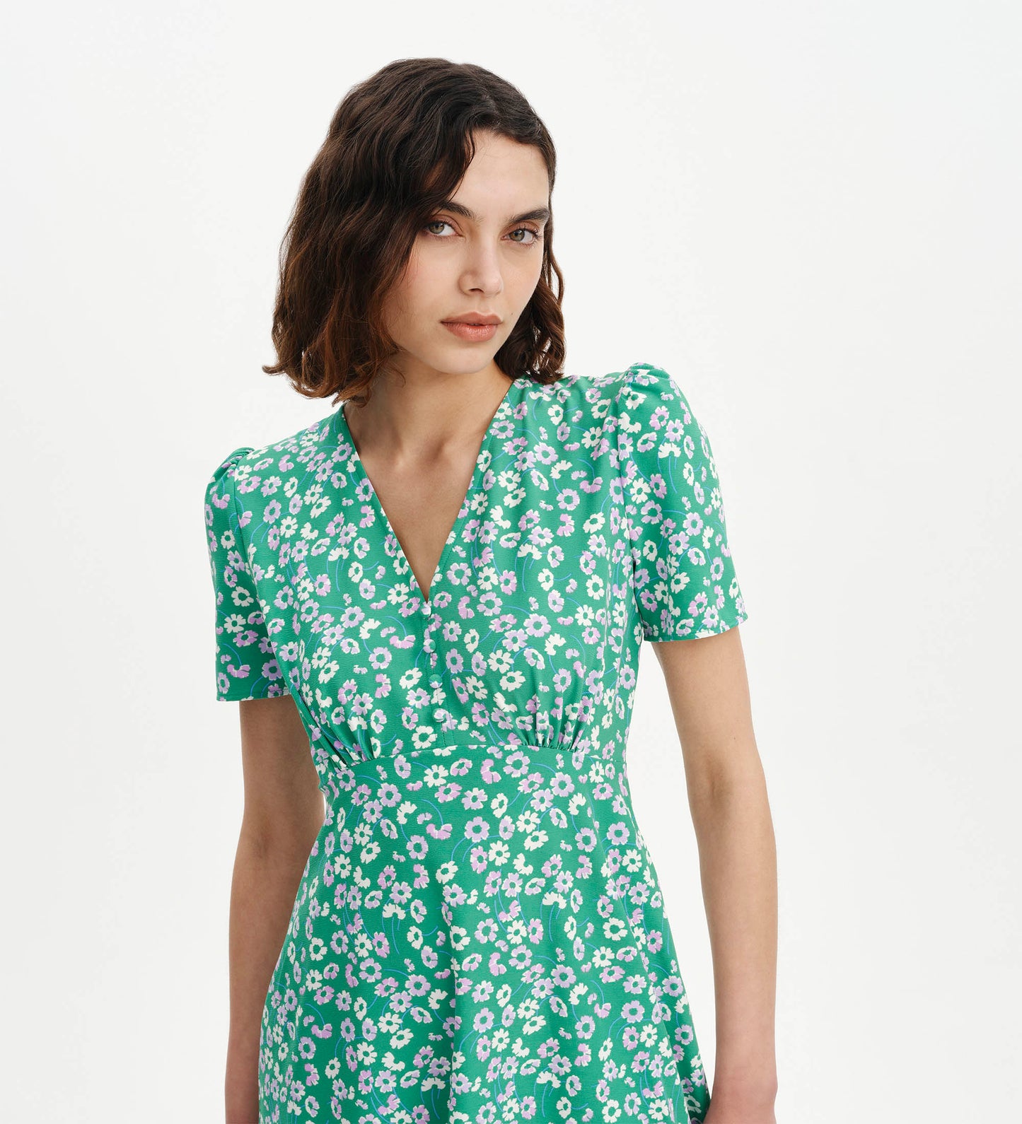 Nieve Green Daisy Empire Waist V-Neck Midi Dress