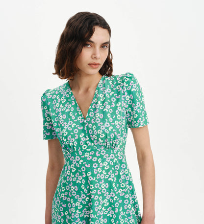 Nieve Green Daisy Empire Waist V-Neck Midi Dress