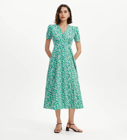 Nieve Green Daisy Empire Waist V-Neck Midi Dress
