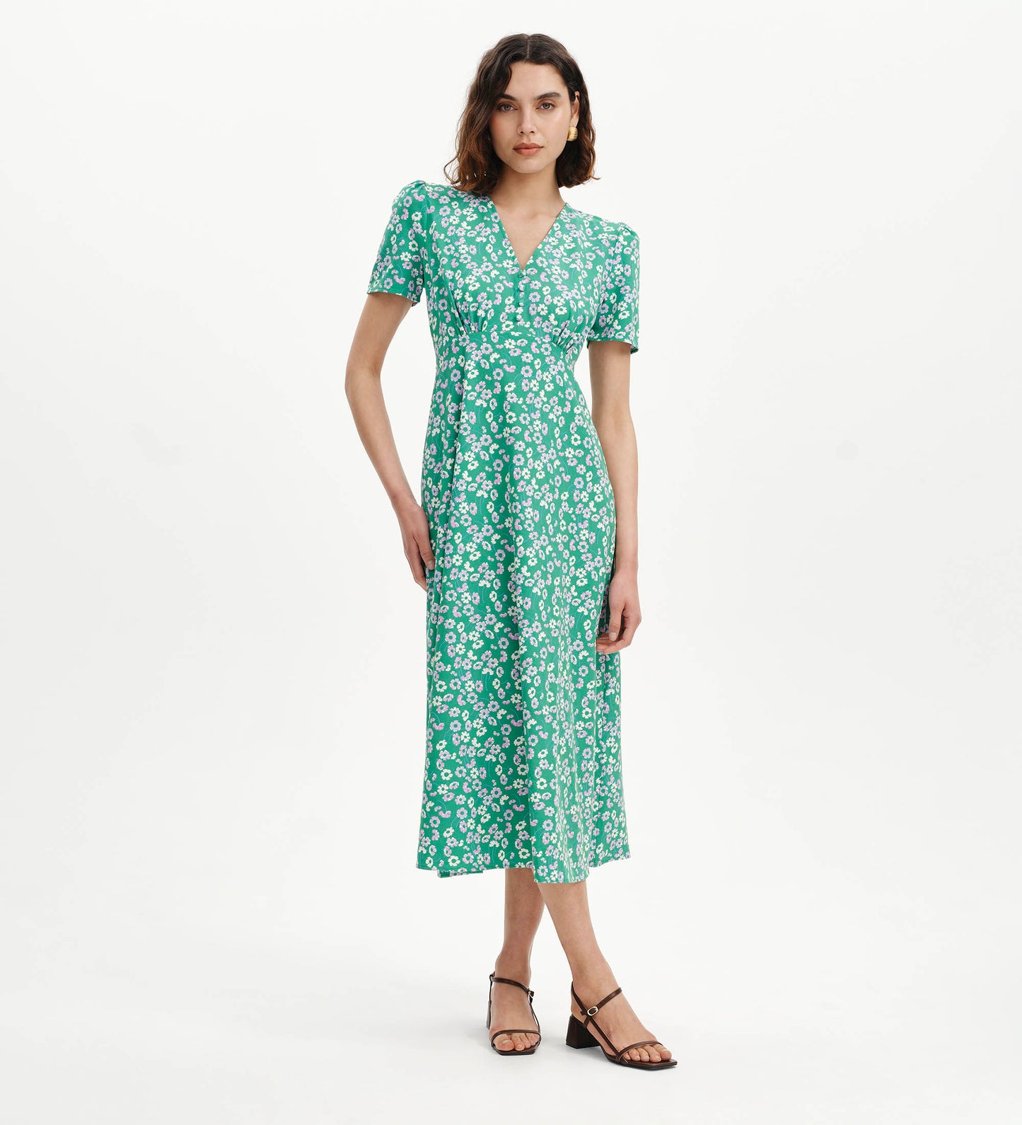 Nieve Green Daisy Empire Waist V-Neck Midi Dress