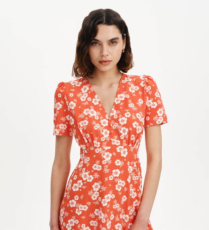 Nieve Red Floral Empire Waist V-Neck Midi Dress
