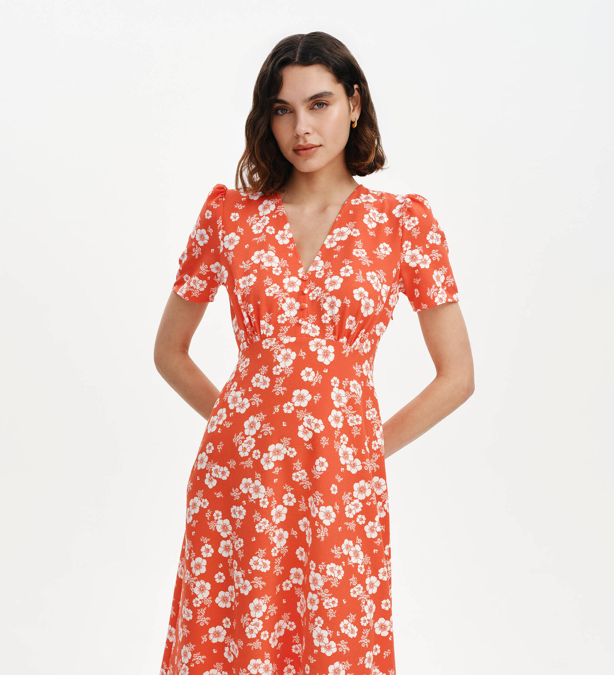 Nieve Red Floral Empire Waist V-Neck Midi Dress