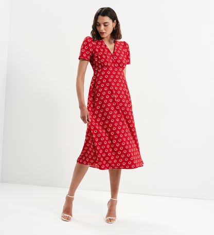 Nieve Red Polka Dot Empire Waist V-Neck Midi Dress