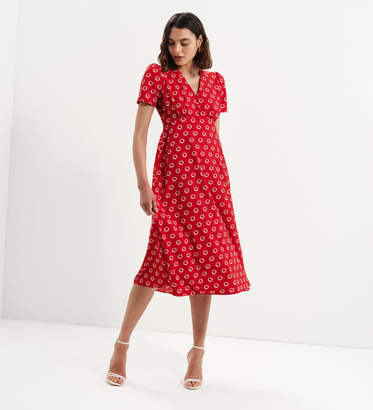Nieve Red Polka Dot Empire Waist V-Neck Midi Dress