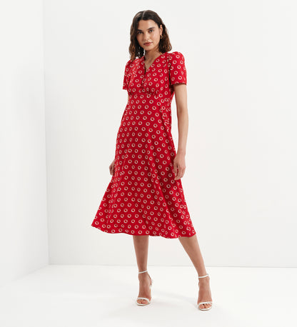 Nieve Red Polka Dot Empire Waist V-Neck Midi Dress