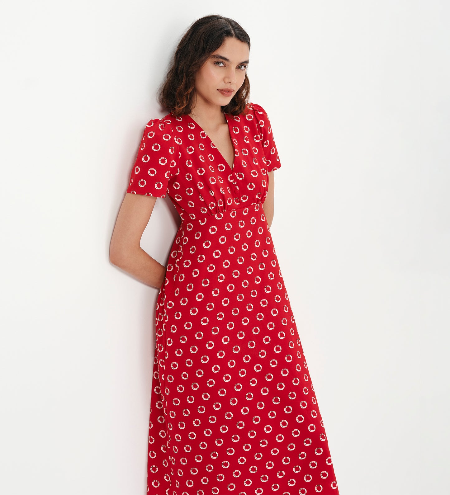 Nieve Red Polka Dot Empire Waist V-Neck Midi Dress