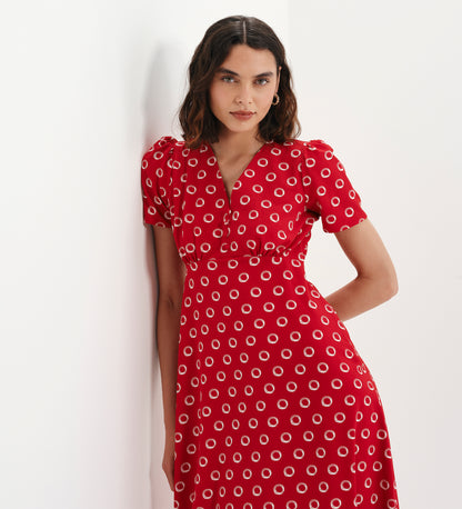 Nieve Red Polka Dot Empire Waist V-Neck Midi Dress