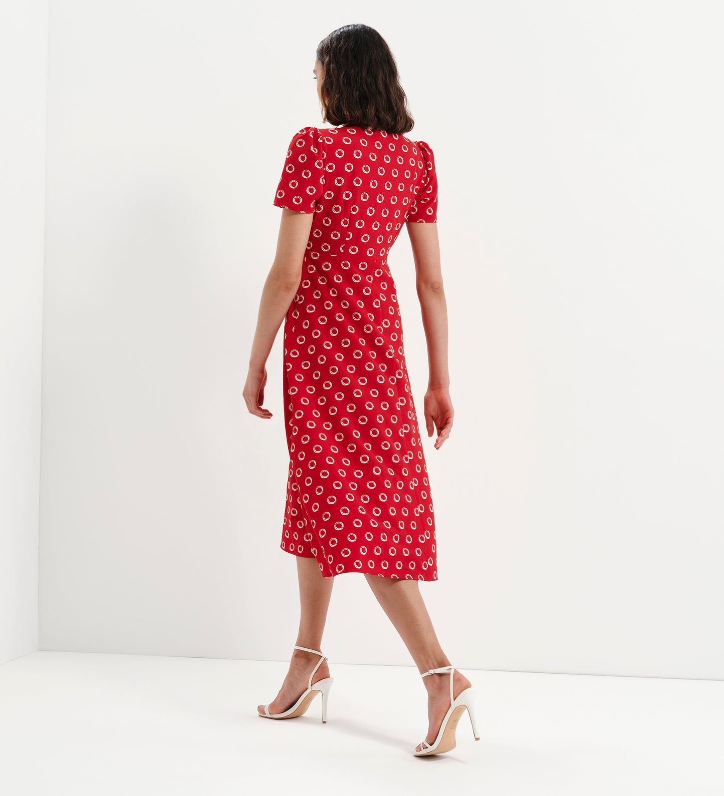 Nieve Red Polka Dot Empire Waist V-Neck Midi Dress