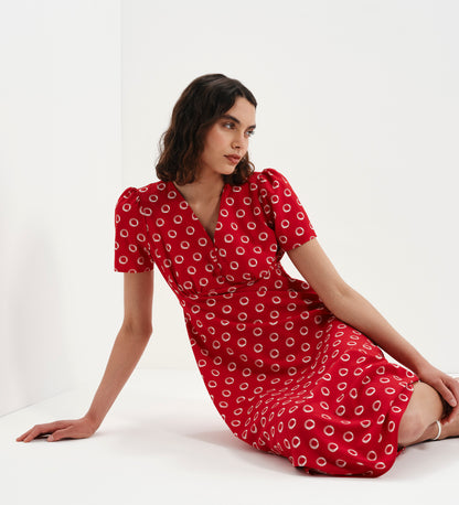 Nieve Red Polka Dot Empire Waist V-Neck Midi Dress