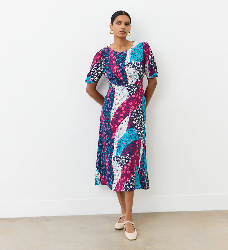 Prue Patchwork Floral Crepe Midi Dress