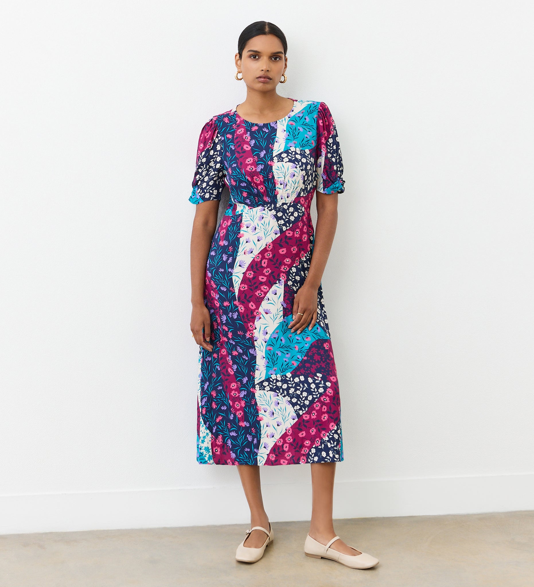 Prue Magenta Patchwork Floral Crepe Midi Dress – Finery London