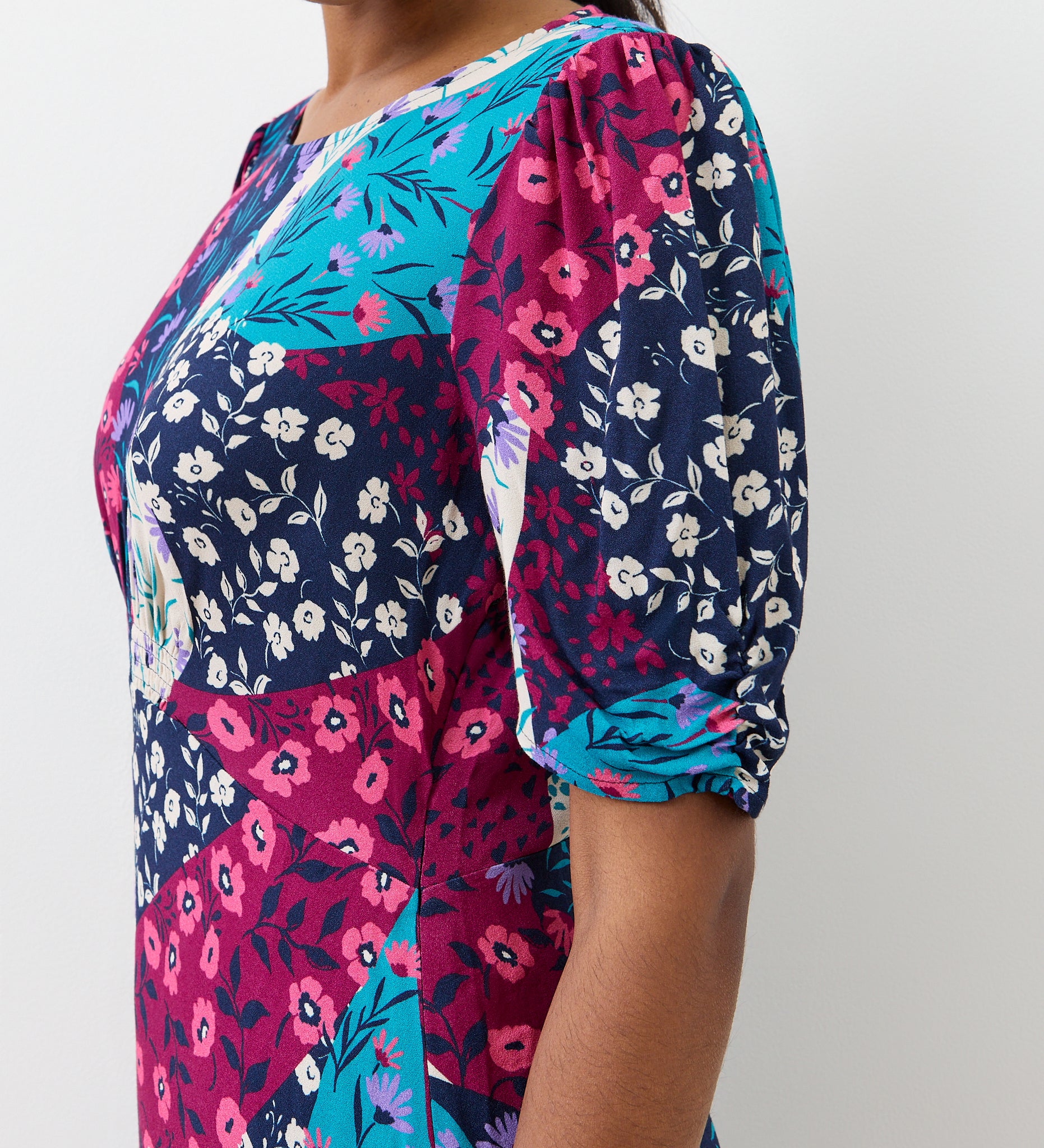Prue Magenta Patchwork Floral Crepe Midi Dress – Finery London
