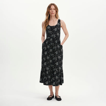 Persie Black Ditsy Tiered Sleeveless Midi Dress