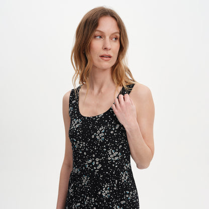 Persie Black Ditsy Tiered Sleeveless Midi Dress