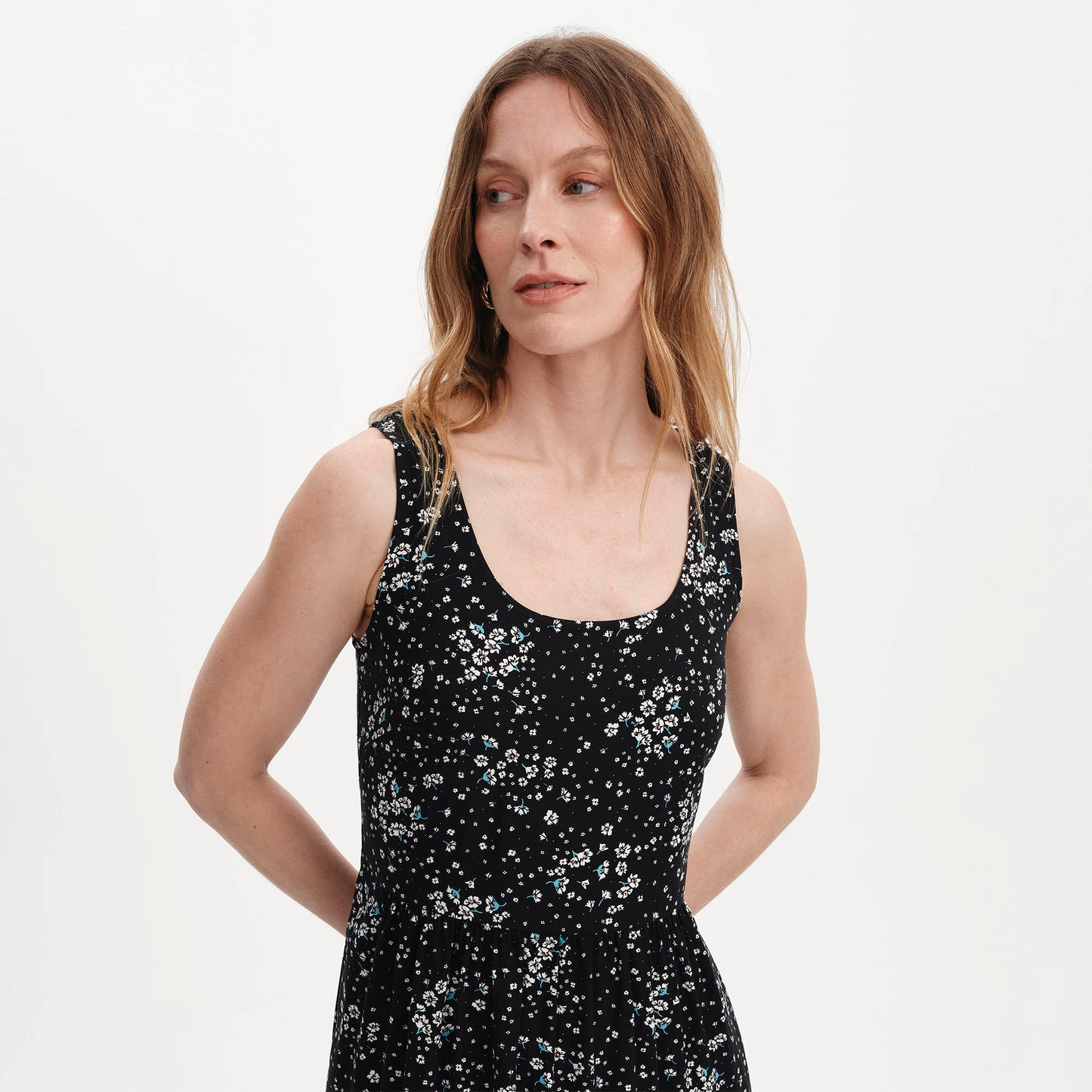 Persie Black Ditsy Tiered Sleeveless Midi Dress