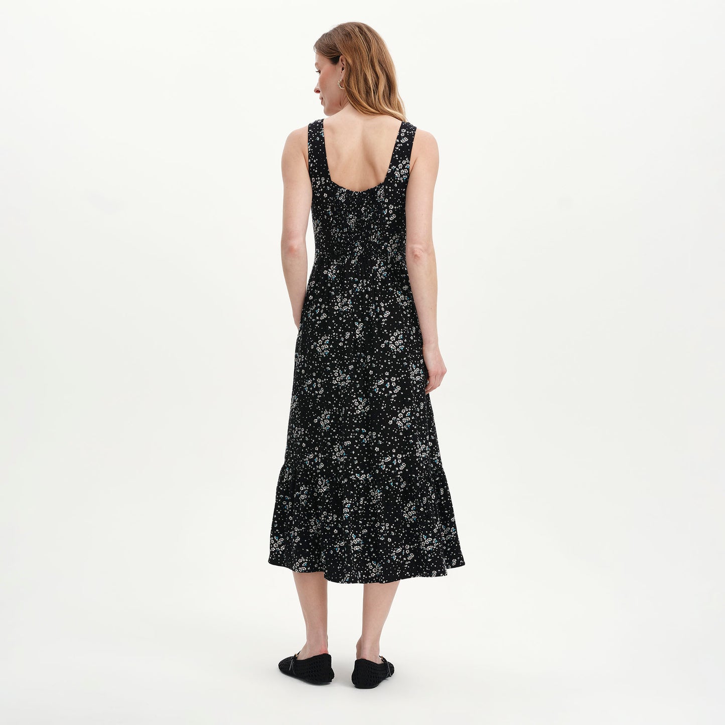 Persie Black Ditsy Tiered Sleeveless Midi Dress