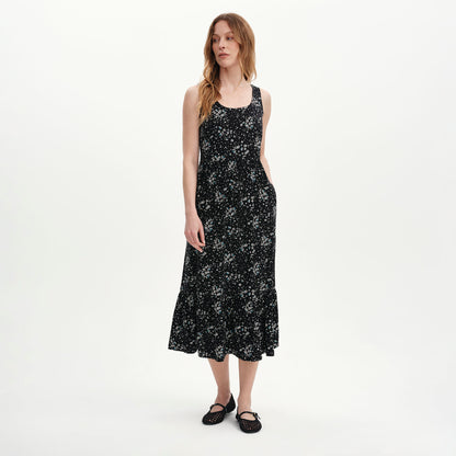 Persie Black Ditsy Tiered Sleeveless Midi Dress