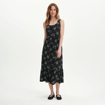 Persie Black Ditsy Tiered Sleeveless Midi Dress