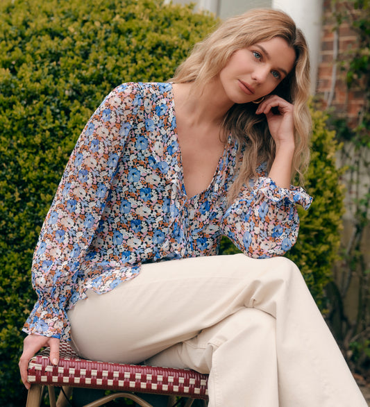 Jannelle Yellow Floral Chiffon Ruffle Front Tie Blouse