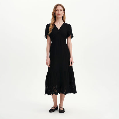 Quinn Black Cotton Broderie Lace Trim V-Neck Midi Dress