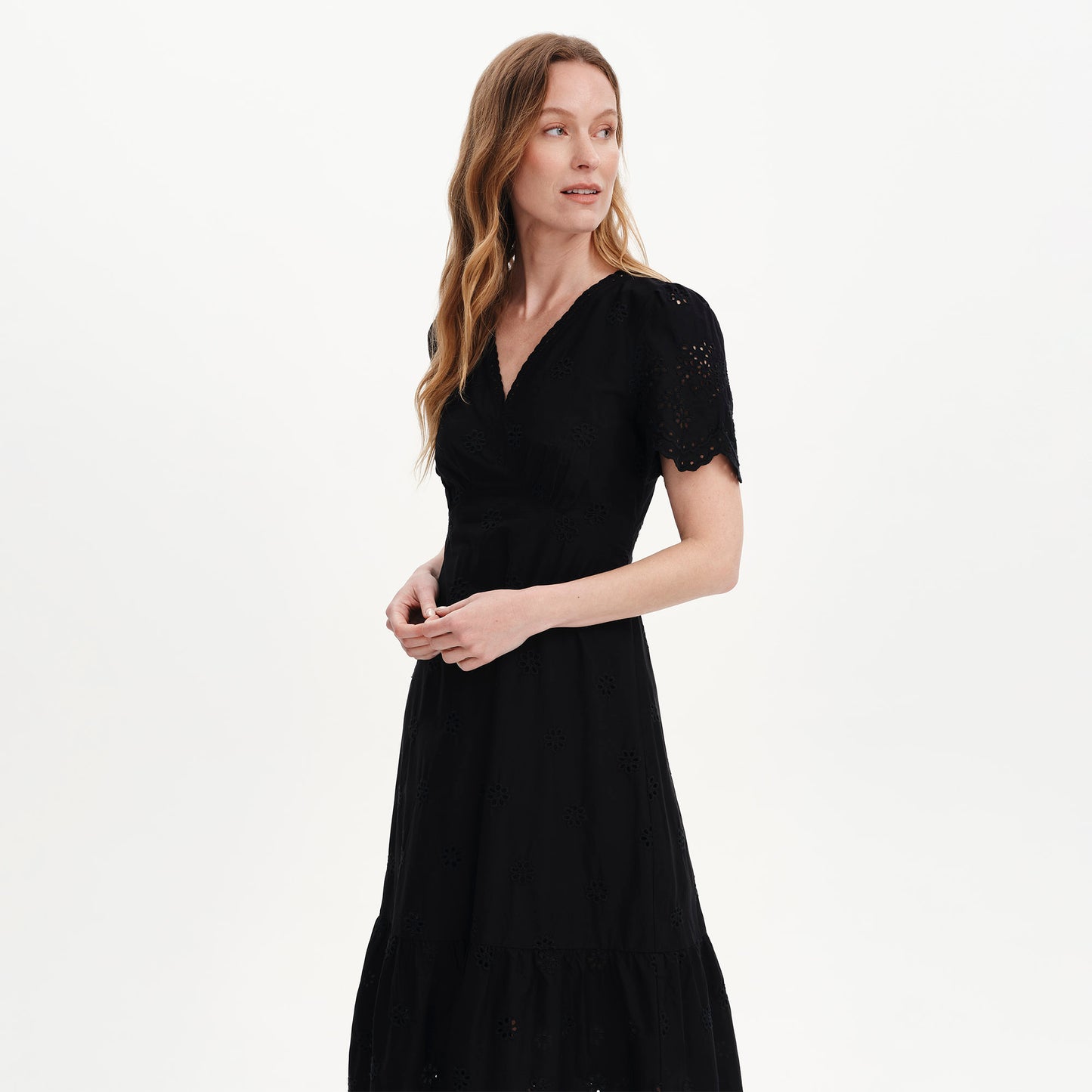 Quinn Black Cotton Broderie Lace Trim V-Neck Midi Dress