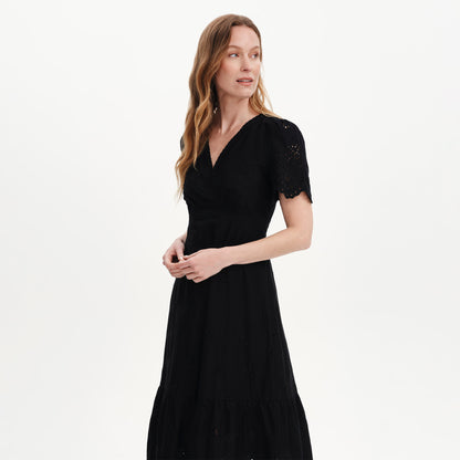 Quinn Black Cotton Broderie Lace Trim V-Neck Midi Dress
