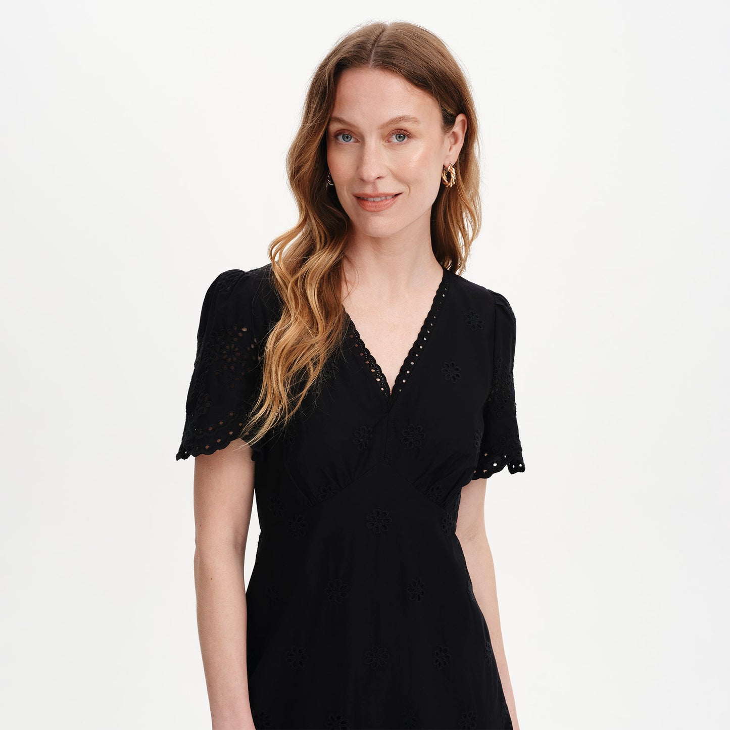 Quinn Black Cotton Broderie Lace Trim V-Neck Midi Dress