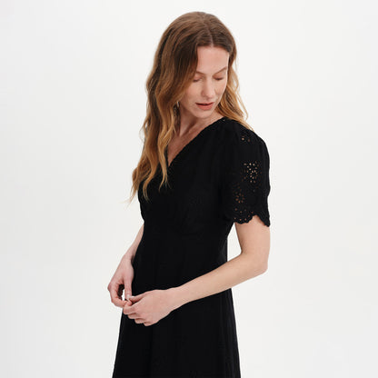 Quinn Black Cotton Broderie Lace Trim V-Neck Midi Dress