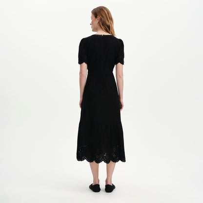 Quinn Black Cotton Broderie Lace Trim V-Neck Midi Dress