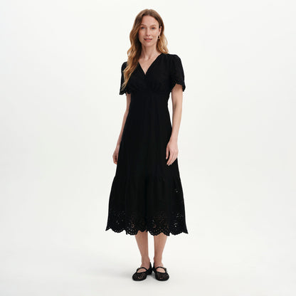 Quinn Black Cotton Broderie Lace Trim V-Neck Midi Dress