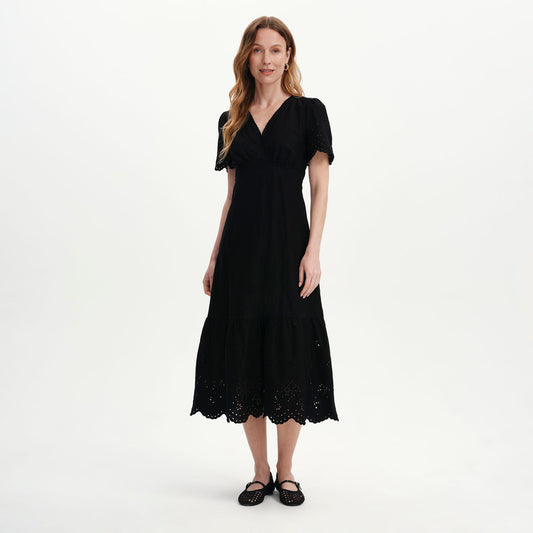 Quinn Black Cotton Broderie Lace Trim V-Neck Midi Dress