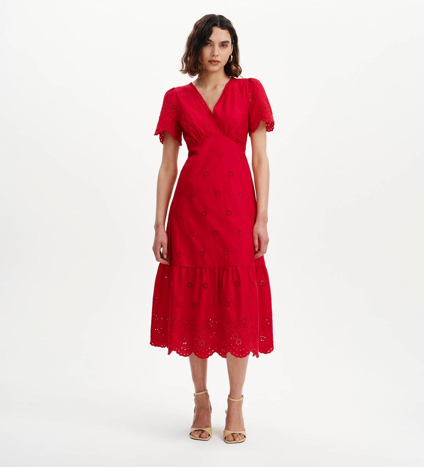 Quinn Red Cotton Broderie Lace Trim V-Neck Midi Dress