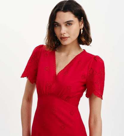 Quinn Red Cotton Broderie Lace Trim V-Neck Midi Dress