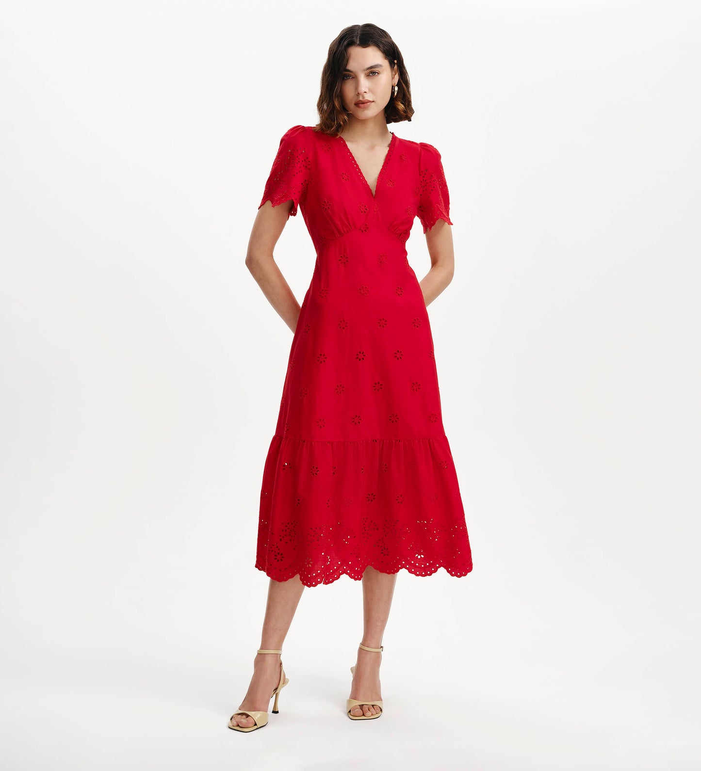 Quinn Red Cotton Broderie Lace Trim V-Neck Midi Dress