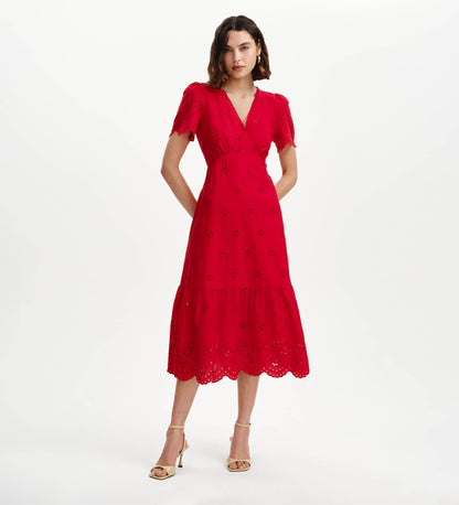Quinn Red Cotton Broderie Lace Trim V-Neck Midi Dress