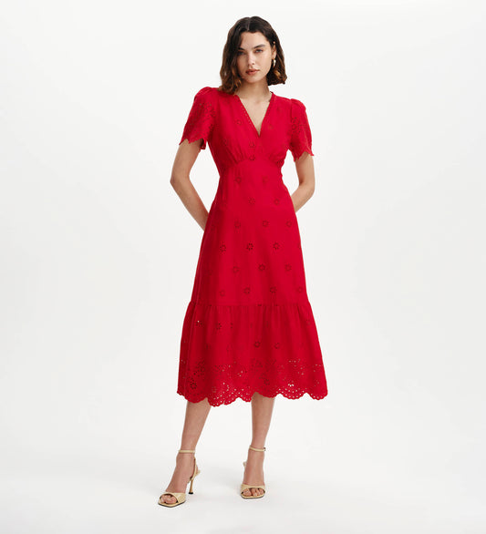 Quinn Red Cotton Broderie Lace Trim V-Neck Midi Dress