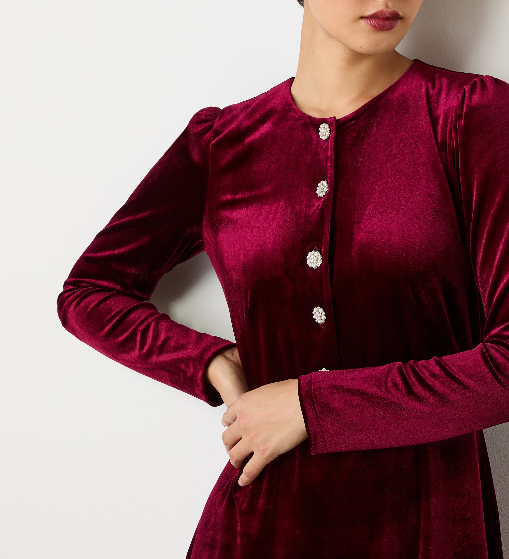 Rae Burgundy Velvet Knee Length Dress – Finery London