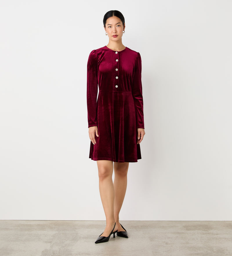 Rae Burgundy Velvet Knee Length Dress  Finery London